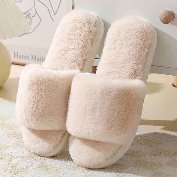 ACCITY Shoes - Faux Rabbit Fur Slippers For Women Cream Color